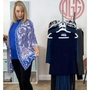 Susan Graver Womens 3X Printed Woven Cardigan & Liquid Knit Tank Set Blue NWT